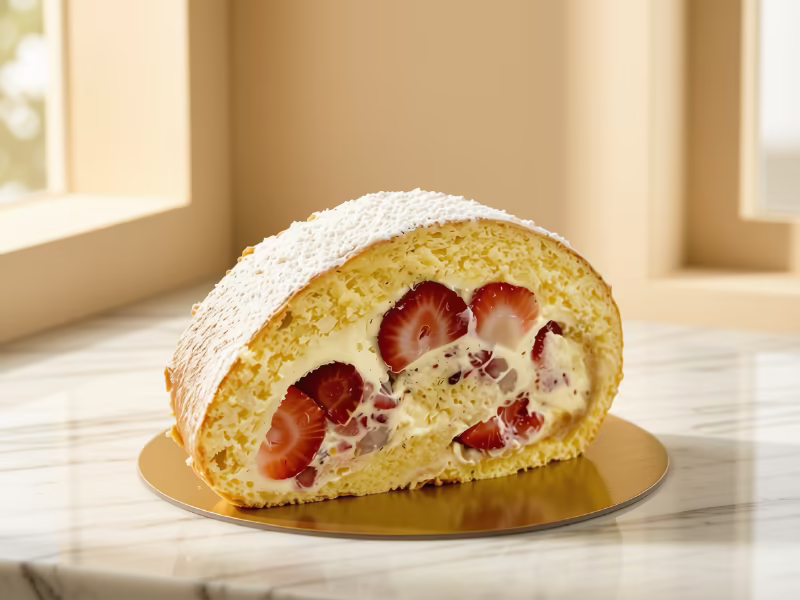 Brazo de reina relleno de fresas y crema, postre artesanal de Pastelería Dulcita en Bogotá