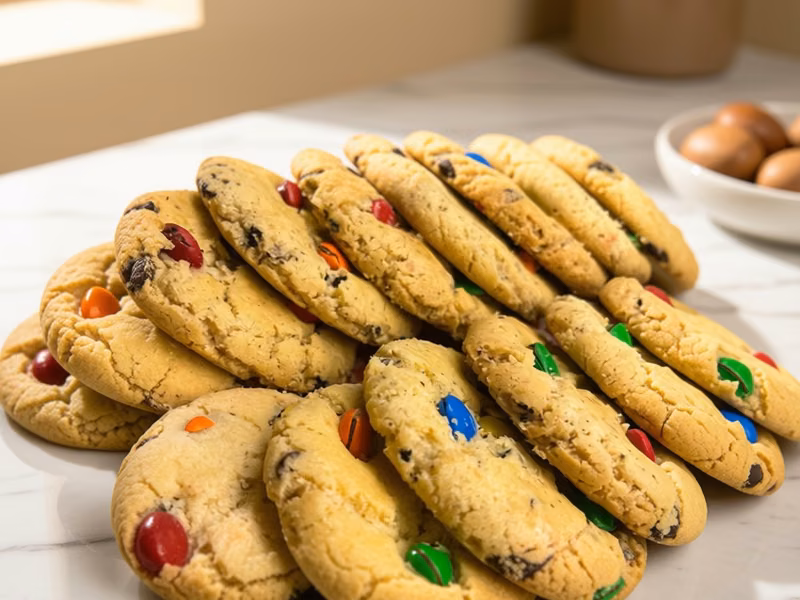 Galletas artesanales de vainilla con M&M recién horneadas en Pastelería Dulcita, Bogotá