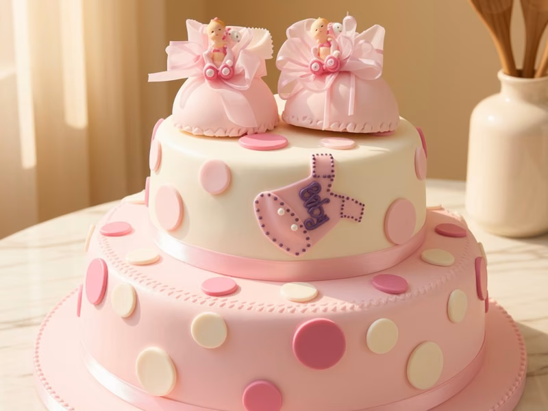 Torta de baby shower en rosado con escarpines de fondant, elaborada por Pastelería Dulcita en Bogotá