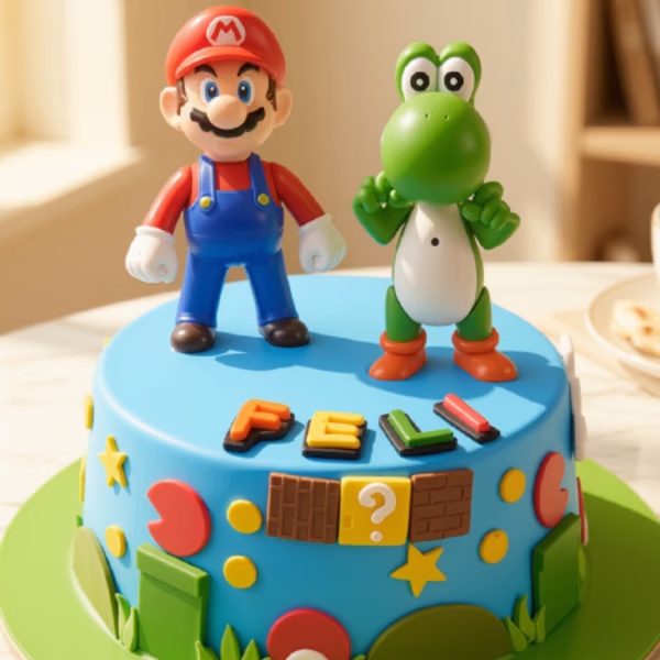 Torta infantil temática de Mario y Yoshi, elaborada por Pastelería Dulcita en Bogotá