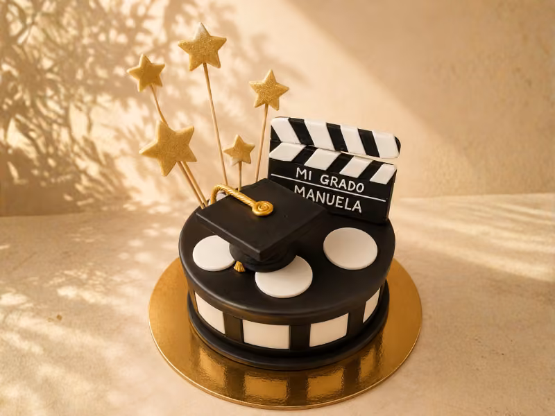 Torta de grados temática de cine con claqueta y birrete, elaborada por Pastelería Dulcita en Bogotá