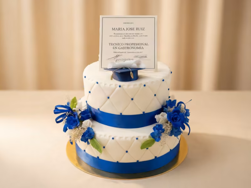 Torta de grados en azul y blanco con diploma y birrete, elaborada por Pastelería Dulcita en Bogotá