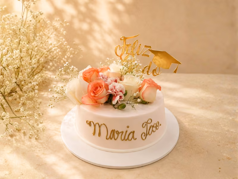 Torta de grados con flores rosadas y topper de birrete, elaborada por Pastelería Dulcita en Bogotá