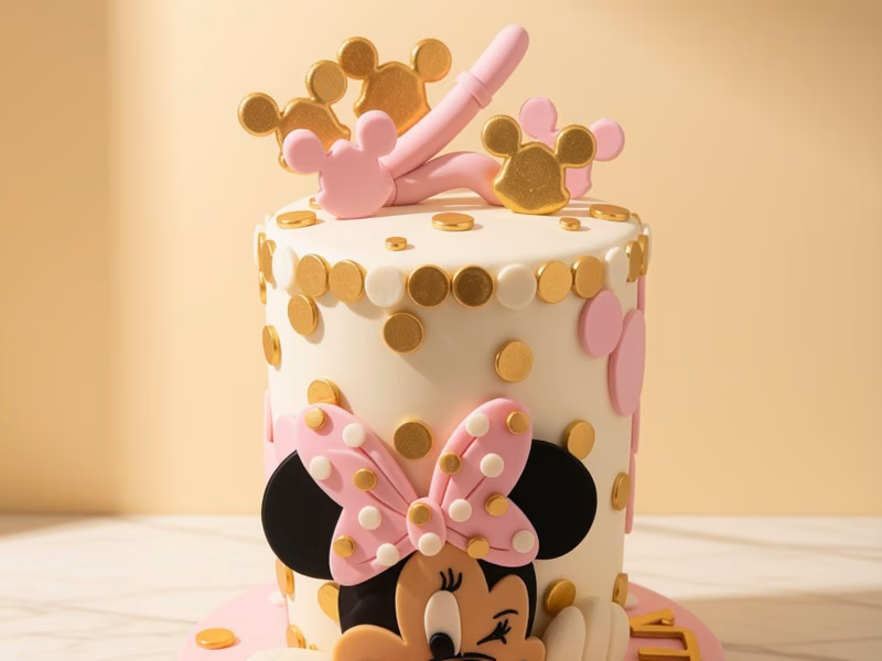 Torta infantil temática de Minnie Mouse en rosa y dorado — Pastelería Dulcita