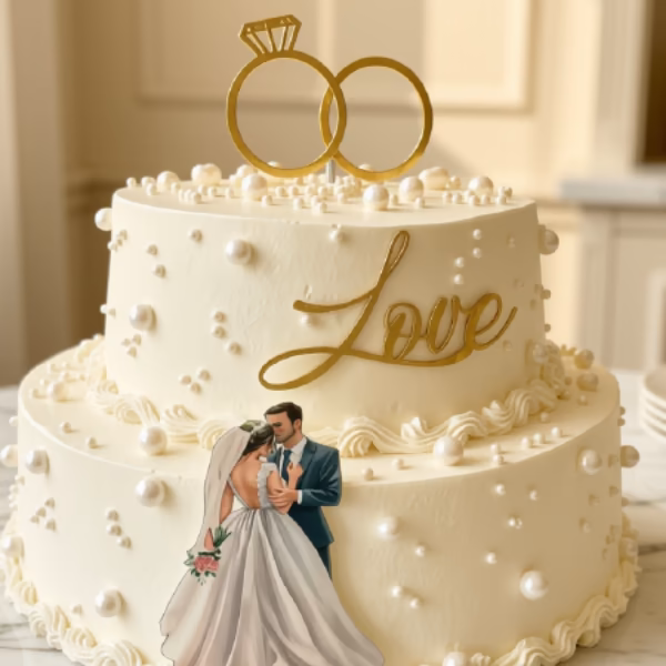 Torta de matrimonio de dos pisos en blanco con topper dorado 'Love', elaborada por Pastelería Dulcita en Bogotá