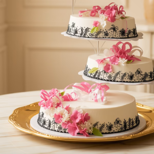 Mesa de tortas de matrimonio individuales en blanco y negro con flores fucsia, elaboradas por Pastelería Dulcita