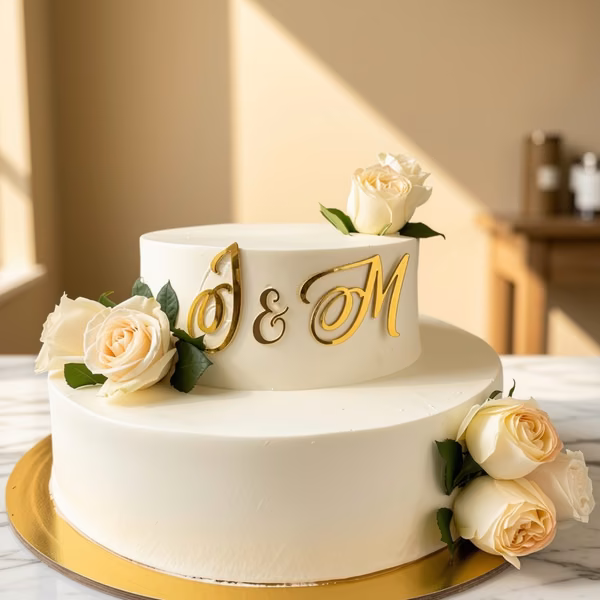 Torta de matrimonio con rosas naturales y monograma dorado en Bogotá — Pastelería Dulcita