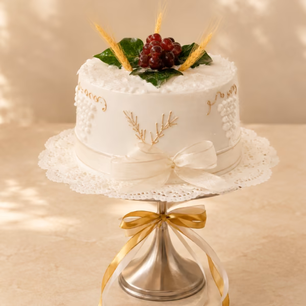 Torta de primera comunión clásica con cáliz, espigas de trigo y uvas, elaborada por Pastelería Dulcita en Bogotá